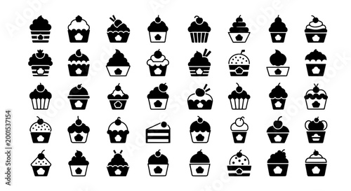 Cupcakes hand drawn set with black silhouettes and various toppings featuring cupcake, dessert, desserts with sweets and sweet elements for pastry,