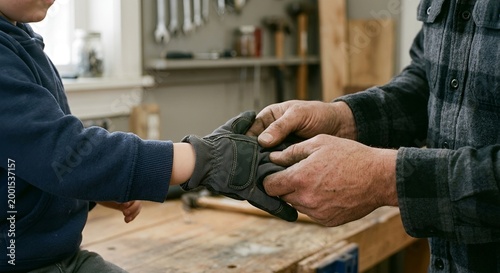 Father putting protective work gloves on his son hands
