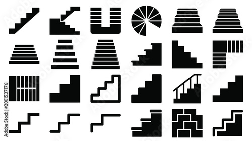 Stairs Collection Various Types Isolated Black Silhouettes