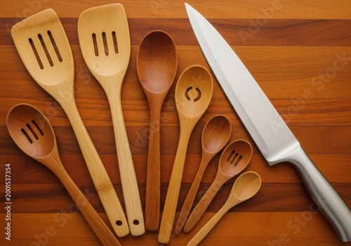Collection of wooden kitchen utensils and a chefs knife