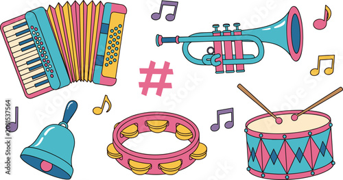 Set of Colorful Musical Instruments Including Accordion, Trumpet, Drum, Tambourine, and Bell with Notes Vector Illustration