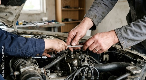 Father and son repairing a car engine in garage