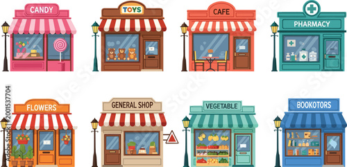 Set of Colorful Shops Including Candy, Toys, Pharmacy, Café, and Bookstore for Retail, Business, and Shopping Vector Illustration