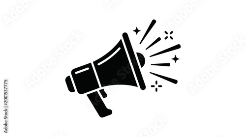 Black megaphone icon with sound waves and stars, symbolizing announcement, communication, and public speaking.