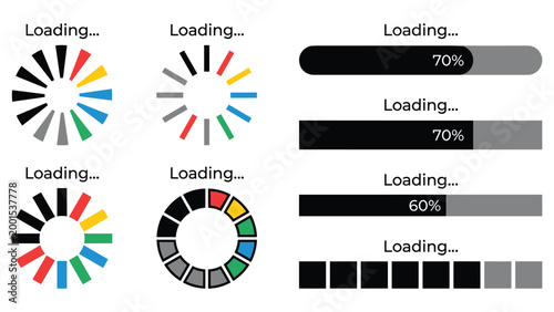 Loading bar and circular progress indicator elements for software and web design projects.
