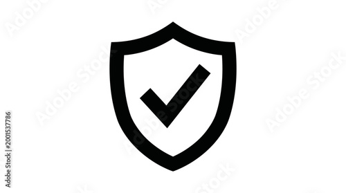 Black shield icon with a white checkmark, symbolizing security, protection, verification, and approval for digital and physical safety.