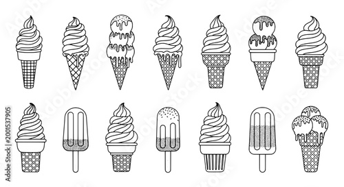 Ice cream cones and popsicle icons pattern, line art set for menu design, desserts background and cafe branding.