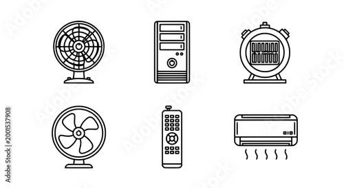 Appliances set with fans, computer, heater, remote, and air conditioner icons featuring electronic devices, cooling, heating with technology and