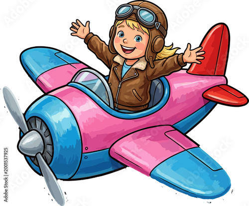 Excited young girl pilot with goggles and aviator jacket in a colorful cartoon airplane, ready for adventure