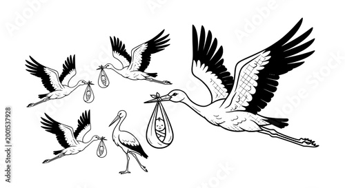 Storks illustration set with babies in bundles flying and walking featuring birds, delivery, newborn with parenthood and maternity elements for