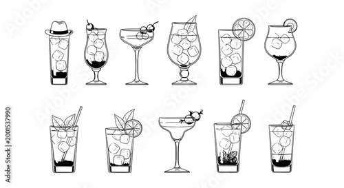 Cocktail glasses icon set with lime garnish, straws, ice cubes, and hand-drawn outline for bar menus and drink branding