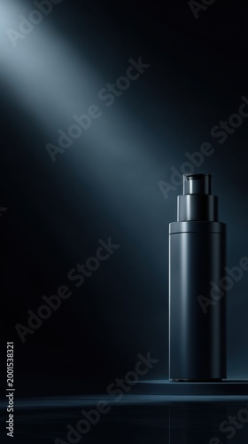 Elegant vertical skincare product stands under a dramatic beam of light in dark surroundings