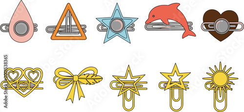 Set of Creative Paperclips in Various Shapes Including Hearts, Stars, and Animals for Office, Stationery, and Design Vector Illustration