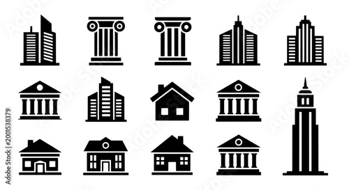 Buildings icon set with various architectural styles and structures featuring architecture, icons, skyscraper with house and classical elements for
