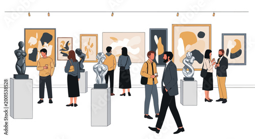 Celebrating International Museum Day, a group of visitors are observing paintings and sculptures in a brightly lit art gallery with a clean, minimalist design, creating a vibrant