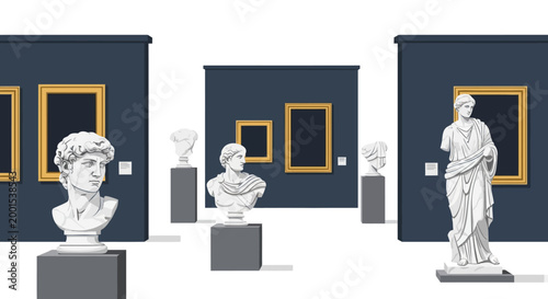 Celebrating International Museum Day, a digital illustration presents a series of classical busts and framed artworks displayed within a minimalist art gallery, rendered with a clean