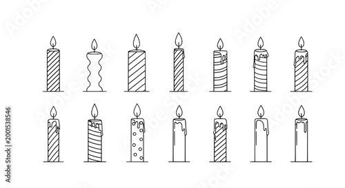 Candles hand-drawn set with various patterns and flames featuring wax, light, illumination with celebration and birthday elements for anniversary,