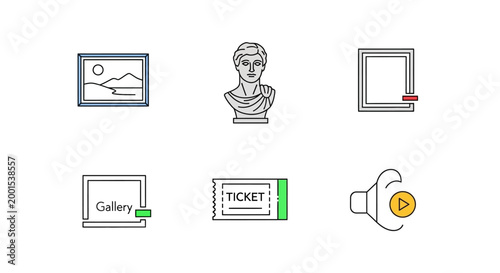 Celebrating International Museum Day, a colorful illustration depicts various art gallery elements including framed paintings, a classical sculpture bust, and a ticket, all set