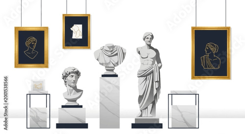 Celebrating International Museum Day, a minimalist illustration displays marble busts and framed line art in an art gallery, presented with clean white background and gold accents