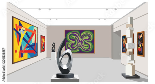 Celebrating International Museum Day, an art gallery illustration showcases a spacious hall filled with diverse paintings and sculptures under bright lighting, conveying a sense of cultural