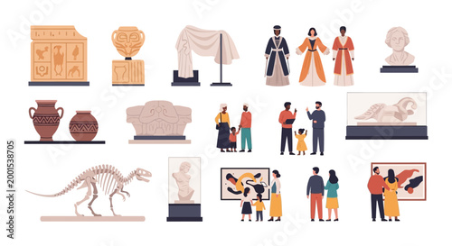 For International Museum Day, a colorful flat lay illustration showcases diverse exhibits from an art gallery, including sculptures, vases, historical costumes, and dinosaur skeletons