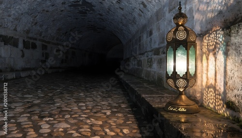 Eid al-Adha traditional lantern decoration in a historic stone tunnel