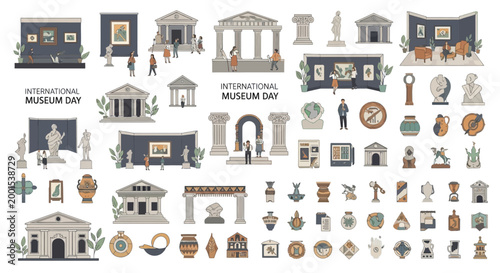 A detailed flat lay illustration commemorates International Museum Day, showcasing various art galleries and museum buildings alongside classical sculptures and artifacts against a clean