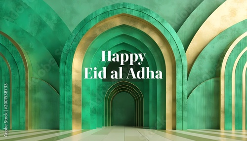Eid al Adha celebration with green islamic arch background