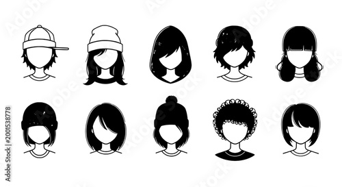 Person avatar head icons with different hairstyles and hats, monochrome vector character faces for profiles and identity