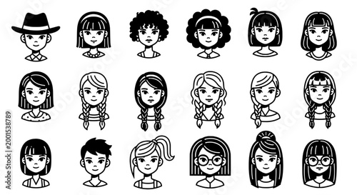 People diverse cartoon set with various hairstyles and accessories featuring illustration, vector, black and white with children and adults elements