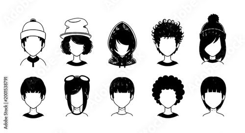 Heads hair portrait icons set with different hairstyles, black line art silhouettes for character design and avatar use