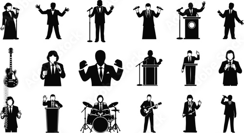Music Performance and Public Speaking Silhouette Icon Set with Singers, Musicians, and Speakers for Websites, Apps, and Digital Media Designs.
