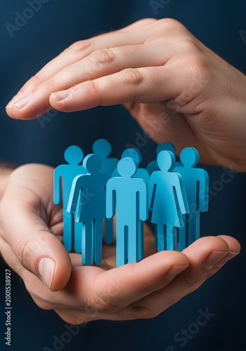 Hands protecting a group of blue human figures representing community, insurance, and social support