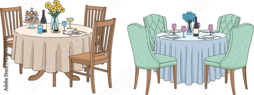 Set of Elegant Dining Tables with Chairs, Flowers, and Dinnerware for Interior, Furniture, and Event Decoration Vector Illustration