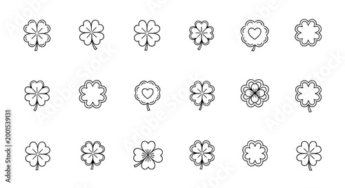 Flower doodle icons set with outlined clover blossoms and heart center for playful seasonal decoration design
