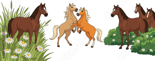 Set of Horses in Various Poses with Flowers and Grass for Farm Animals, Nature, and Wildlife Vector Illustration