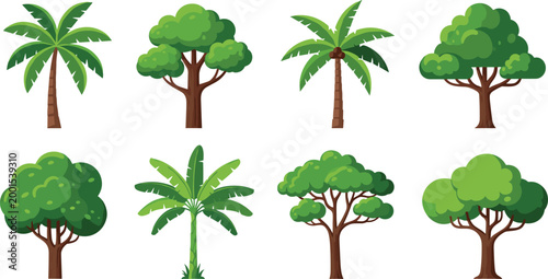 Cartoon tropical and leafy tree vector set with palm banana and forest trees isolated on white background for design