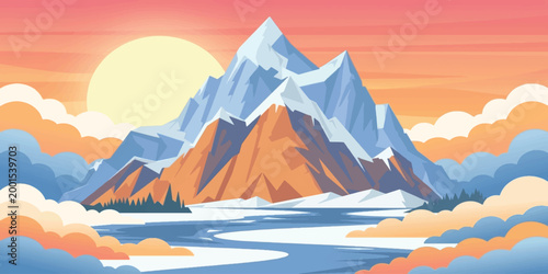 Snowy Swiss Alps mountain landscape at sunrise with clouds glaciers and winter peaks under a cold sky panorama