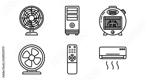 Appliances cooling set with fans, air conditioner, and remote control featuring fan, electronic, home with household and devices elements for