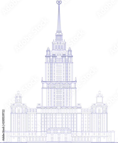 Stalinist skyscraper Moscow's historic high-rises.
 Russian architecture and urban flat draw. 
Sight of russia, city building, icon of building. Moscow, Russia,Stalinist Empire style