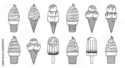 Ice cream set with various flavors and toppings in waffle cones and popsicle sticks featuring dessert, sweet treat, summer with frozen and dairy