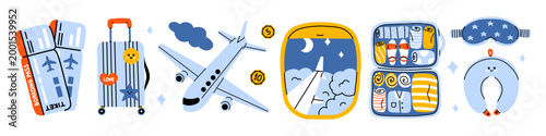 Vector set of cute travel essentials with airplane ticket, striped suitcase, blue jet, airplane window, packed luggage, sleep mask, neck pillow. Vacation journey icon collection in flat doodle design.