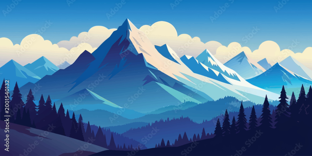 Obraz premium Snowy alpine mountain landscape with high peaks, forested valley, clouds and sky over European Alps in Italy, green summer slopes and winter snow, nature travel view