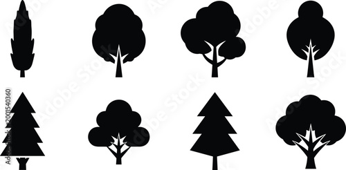 tree icons, tree silhouettes, minimal trees, simple tree icon, black trees, pine tree icon, leafy tree icon, forest icons, silhouette set, vector trees, nature icons, plant icons, icon pack, 