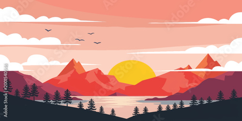 Canvas Print Vector illustration of a mountain landscape at sunset with nature, sky, sun, clo