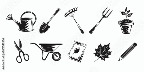 gardening tools icons set in black and white high quality professional detailed
