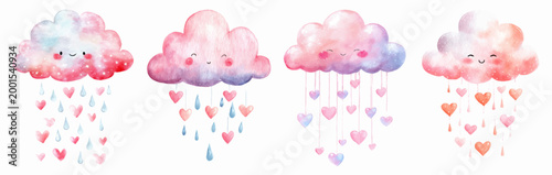 Cartoon clouds in a watercolor style, depicting cute smiling characters raining down hearts and pastel raindrops, representing love, emotion, and sweet baby weather theme