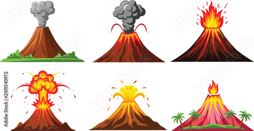Set of Volcanic Eruptions with Lava, Smoke, and Explosions for Natural Disasters, Geology, and Nature Vector Illustration