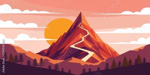 Sunset over Egyptian desert pyramids mountains landscape illustration