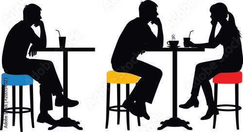 Silhouette Icon Set of People Sitting at a Table, Drinking Coffee, and Engaging in Thoughtful Conversation for Websites, Apps, and Digital Media Designs.